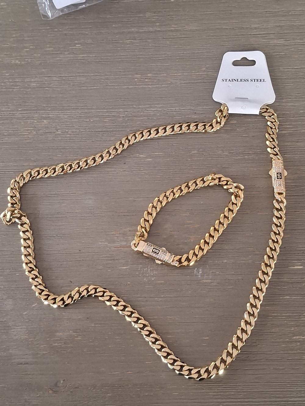 Gold-Tone Stainless Steel Cuban Chain Necklace and Bracelet Set